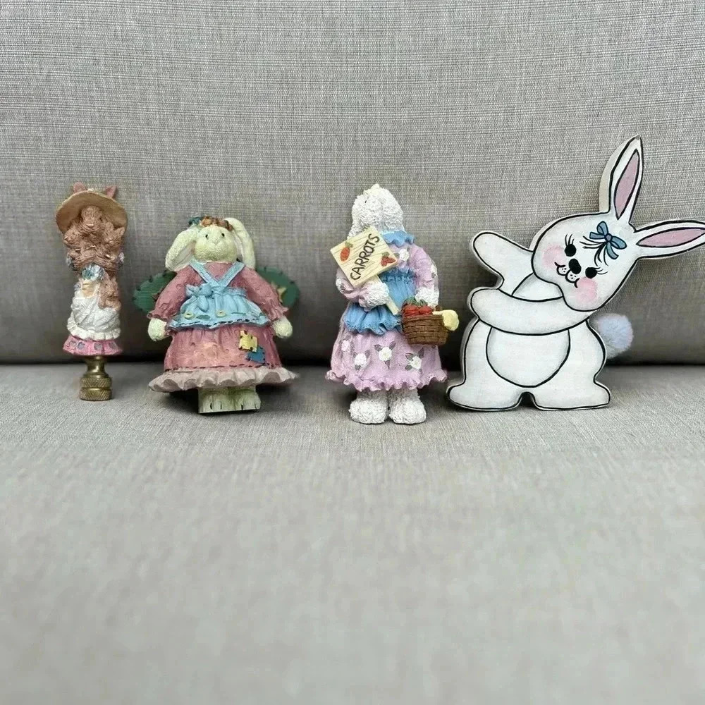 Vintage Easter Bunny Decor Lot Resin Lamp Finial Wood Figurines Framed Art